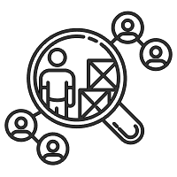 Multilingual team icon with magnifying glass and four figures