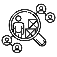 Multilingual team icon with magnifying glass and four figures